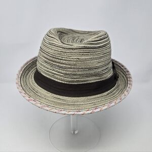 PISTIL TAN WOVEN FEDORA HAT CAP SMALL ROLLED BRIM FABRIC WOMEN OS BROWN BAND